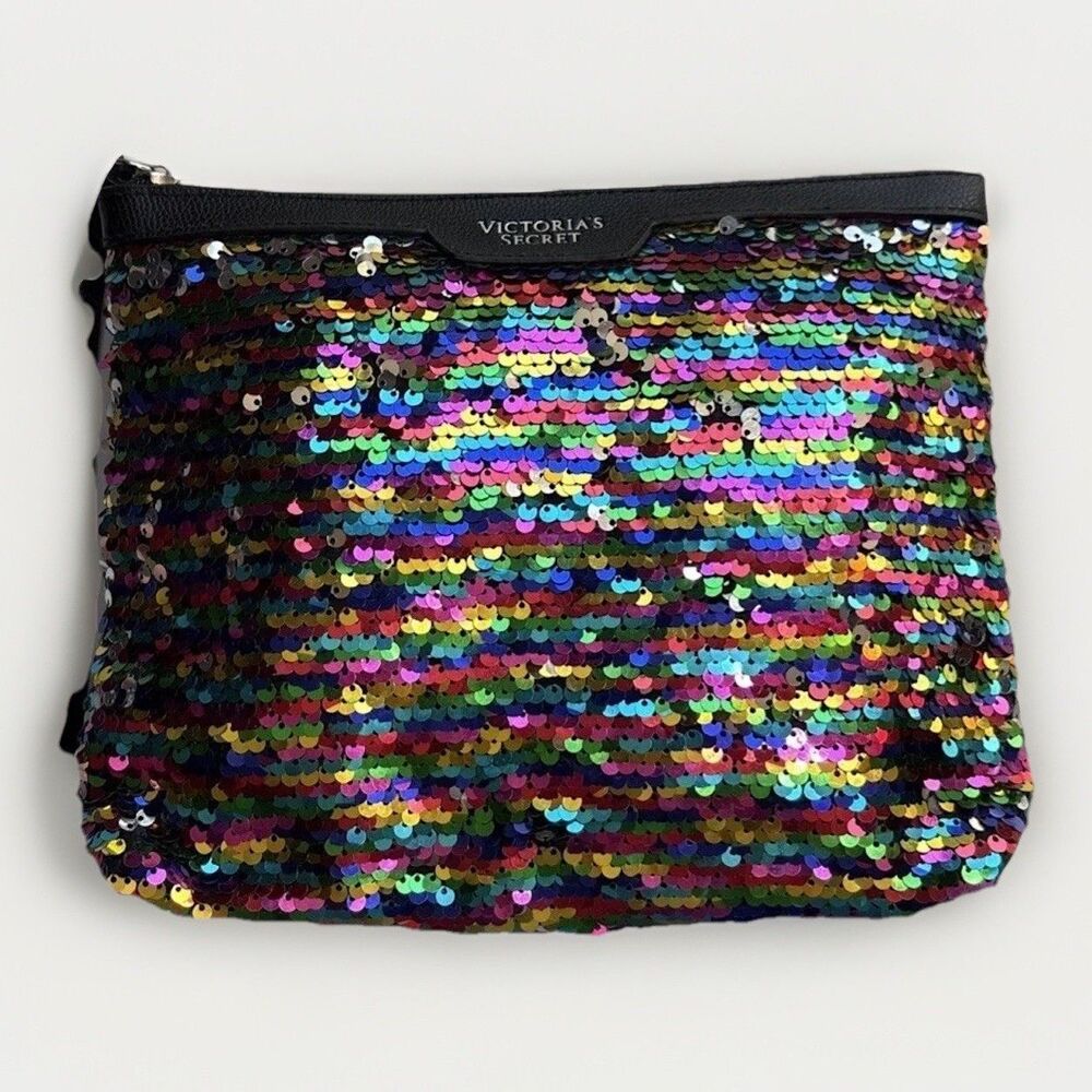 Victoria’s Secret PINK Black Rainbow Sequin Travel Makeup Cosmetic Zipper Bag